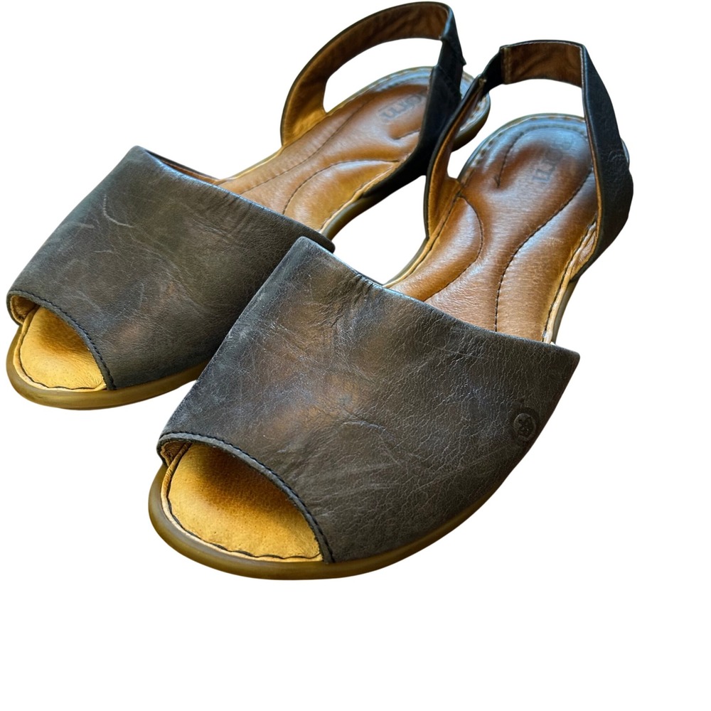 Born Sandals Women Black Leather Slingback Peep Toe Flats 10